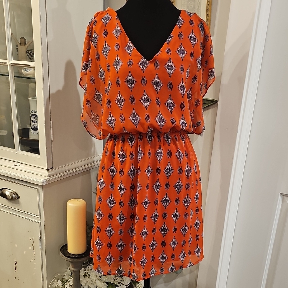 AINA BE Aztec‎ Print Pumpkin Orange Chiffon Balloon Mini Dress Size Medium